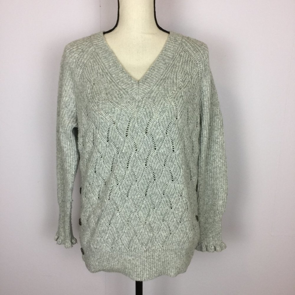 Rebecca Taylor Sweater M Medium Gray Knit V Neck Long Sleeve Side Buttons